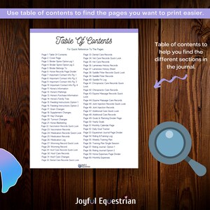 May include: A table of contents page for a horse journal. The page lists different sections of the journal, including horse care, feeding, training, and more. The page is designed to help users quickly find the information they need.