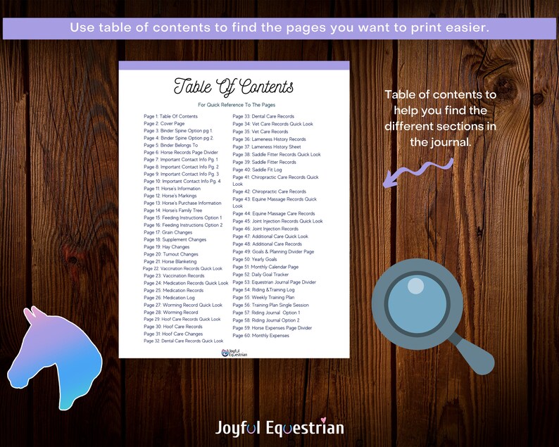 May include: A table of contents page for a horse journal. The page lists different sections of the journal, including horse care, feeding, training, and more. The page is designed to help users quickly find the information they need.