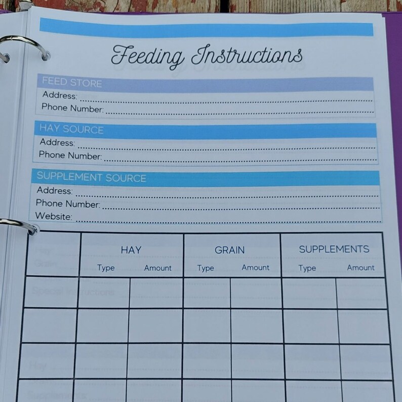 May include: A printable feeding instructions sheet with sections for feed store, hay source, supplement source, and a table to track hay, grain, and supplement types and amounts.