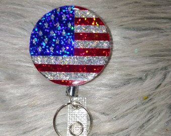 American flag circular design holographic Badge Reel