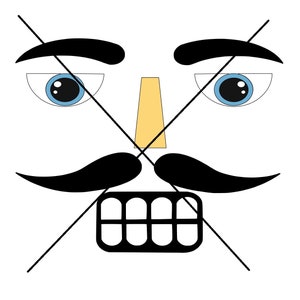 以下が含まれることがあります： 交差した線で覆われた顔の白黒のイラスト。顔には口ひげ、眉毛、鼻、歯があります。目は黒目の青い目です。