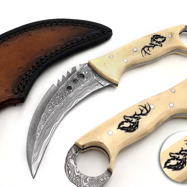 Karambit Fixed Blade Tactical Knife Tattoo Engraved Hand Forged Damascus Steel With Leather Sheath