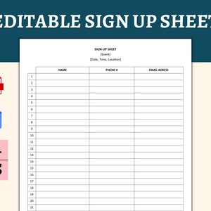 Editable Sign Up Sheet. PDF/Google Docs/Microsoft Word. Sign Up Template. Event Sign Up.