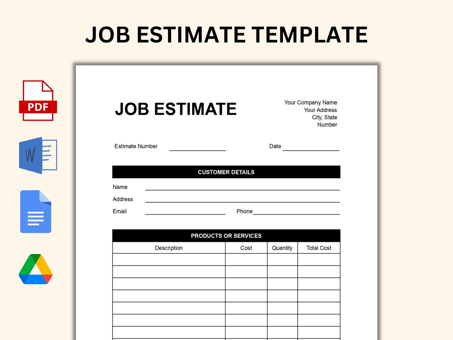 Printable Job Estimate Template Contractor Estimate PDF Word Google Doc ...