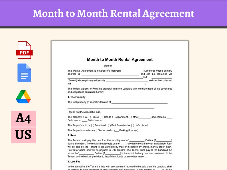 Month to Month Rental Agreement Template Google Doc , PDF Etsy