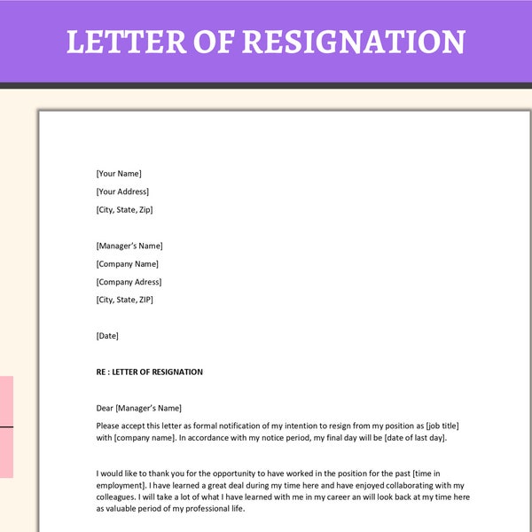 Printable Letter of Resignation Google Doc PDF Template