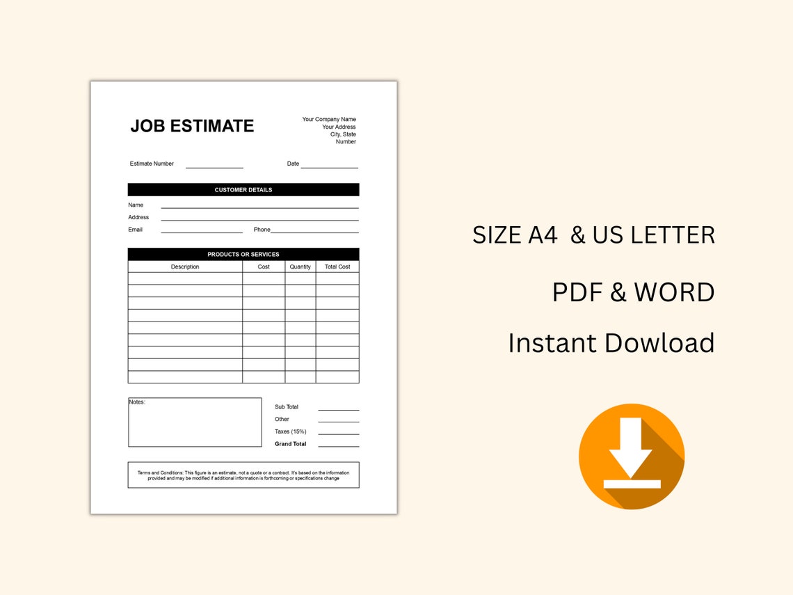 Printable Job Estimate Template Contractor Estimate PDF Word Google Doc ...