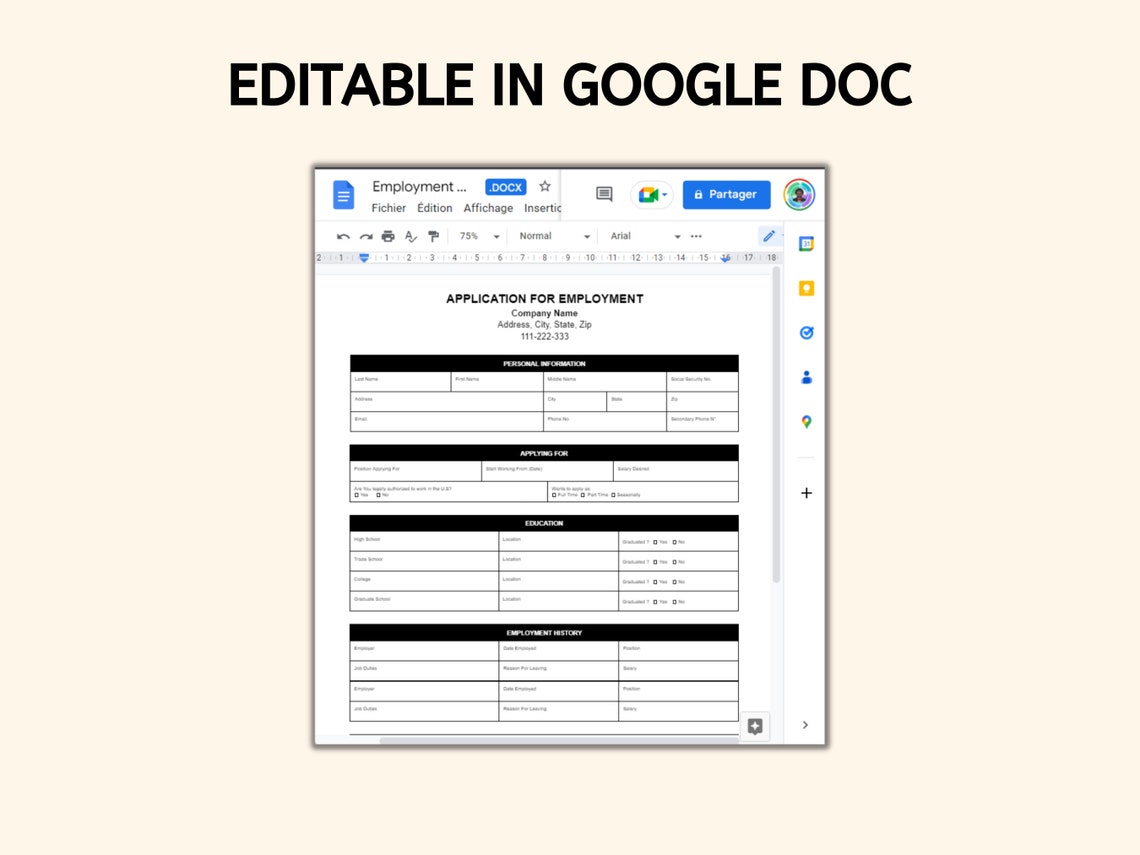 Application for Employment Template Pdf Word Google Doc - Etsy