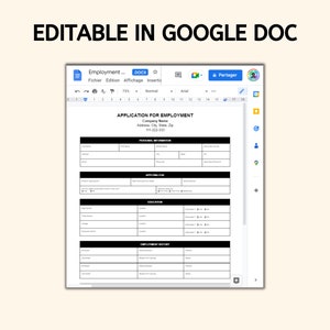 Application for Employment Template Pdf Word Google Doc - Etsy