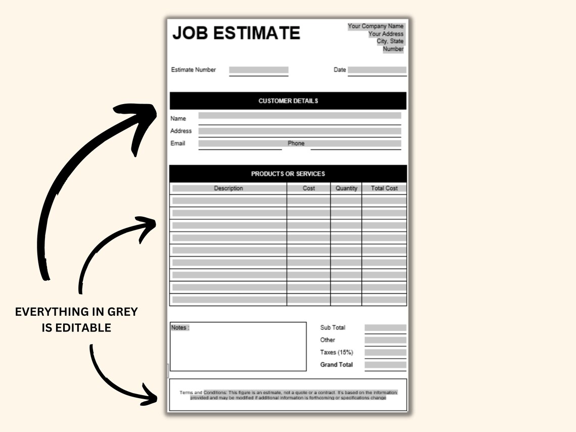 Printable Job Estimate Template Contractor Estimate PDF Word Google Doc ...