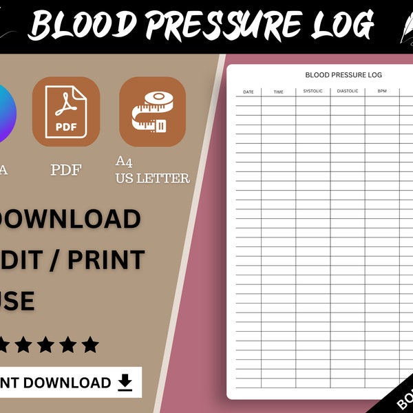 Blutdruck Log Editable Printable | Blutdruck-Tracker. Medizinischer Tracker | BD Tracker | Täglicher Blutdruck. Blutdrucktabelle