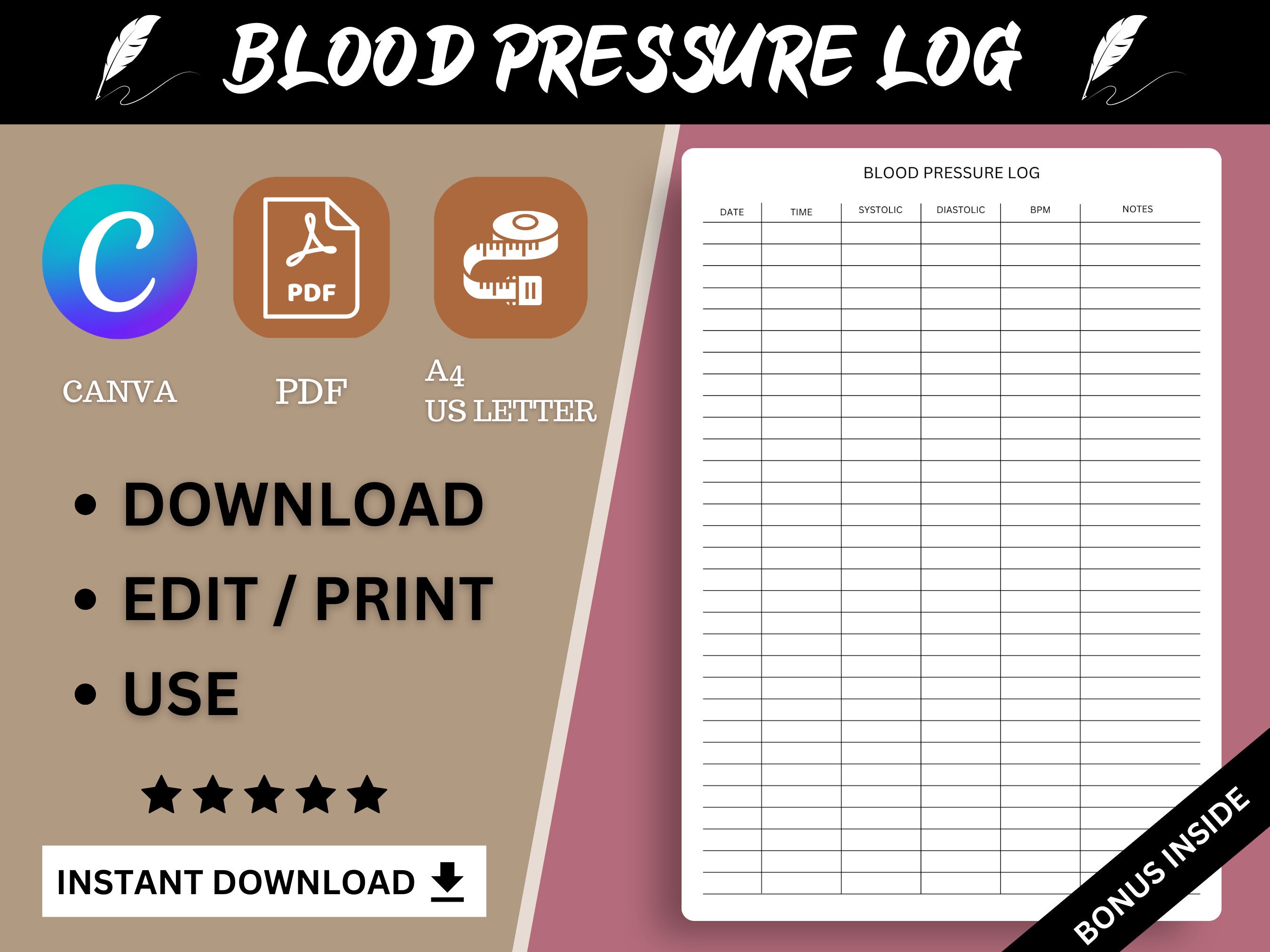 Blood Pressure Log Editable Printable | Blood Pressure Tracker. Medical ...