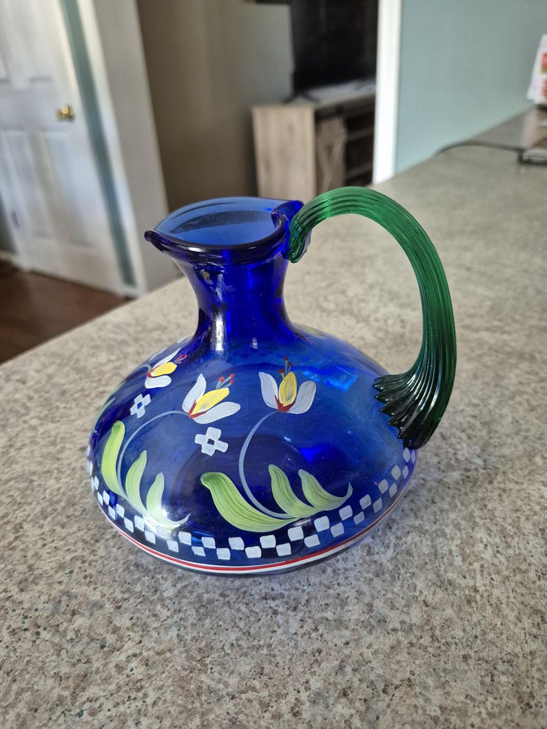 Fenton Hand Painted Designer Showcase Series Blue Jug With Green Handle ...