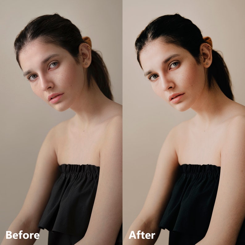 Op de afbeelding: Een voor-en-na foto van een persoon met een zwarte strapless top. De foto links toont de huid van de persoon met vlekken en roodheid. De foto rechts toont de huid van de persoon met een meer egale teint en minder roodheid.