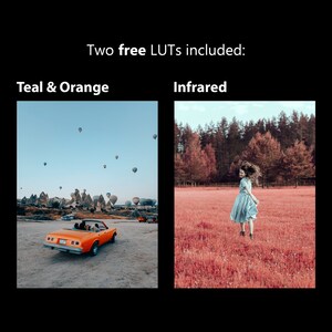Op de afbeelding: Twee gratis LUT's inbegrepen: Teal & Orange en Infrarood. De Teal & Orange LUT wordt toegepast op een foto van een feloranje cabriolet die over een onverharde weg rijdt met luchtballonnen in de lucht. De Infrarood LUT wordt toegepast op een foto van een persoon die een lichtblauwe jurk draagt en over een rood grasveld loopt.