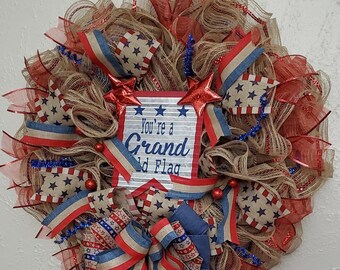 Rustic Americana Farmhouse Country Wreath, 4th of July, Memorial Day, Labor Day, Patriot Day, Red, Blue, Beige, Stars and Stripes, Flag