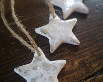 TRIO White & Silver leaf small star Christmas decorations  | Clay decorations | Christmas decorations | Xmas