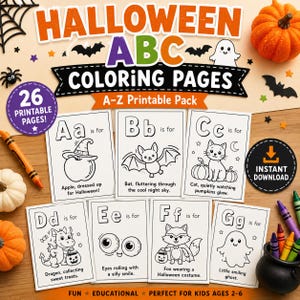 Op de afbeelding: Een set printbare Halloween ABC-kleurplaten met de letters A tot en met G. Elke pagina bevat een zwart-witillustratie van een personage of object, zoals een appel, vleermuis, kat, draak, ogen, vos en geest, voorzien van beschrijvende tekst.