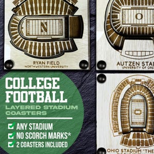 May include: Layered stadium coasters featuring detailed designs of college football stadiums. The coasters are made of light wood with dark wood accents. The text "COLLEGE FOOTBALL" and "2 COASTERS INCLUDED" are visible.