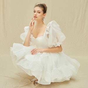 Mini Wedding Dress/ Puffy Short Sleeves Dress/ Bridal Dress/ Engagement Dress/ Short Wedding Dress/Plus Size Dress/ Gift for her RS40