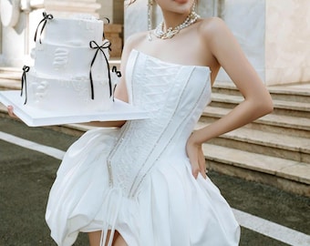 Corset Mini Wedding Dress – Crystal Detail Bubble Skirt Bridal Gown DRS033