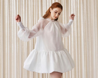White Organza Bubble Mini Dress - High Neck, Long Sleeve, Bridal Shower DRS027