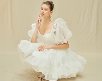 Mini Wedding Dress/ Puffy Short Sleeves Dress/ Bridal Dress/ Engagement Dress/ Short Wedding Dress/Plus Size Dress/ Gift for her