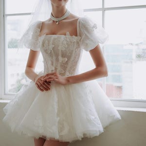 Butterfly Lace Mini Wedding Dress , Short Puff Sleeve Bridal Gown , Square Neck A-Line Silhouette , Modern Fairytale Reception Dress RS110