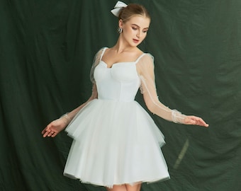 Romantic Tulle Mini Wedding Dress with Sheer Long Sleeves - Short A-Line Bridal Reception Gown - Sweetheart Neck Modern Bride Dress RS24