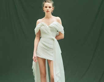 White Off-Shoulder Mini Wedding Dress | Chiffon Train, Modern Bridal Gown DRS090