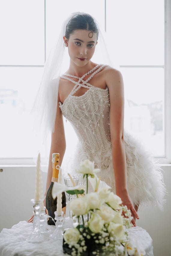 Beaded Corset Mini Wedding Dress: Faux Feather Bachelorette Gown DRS083