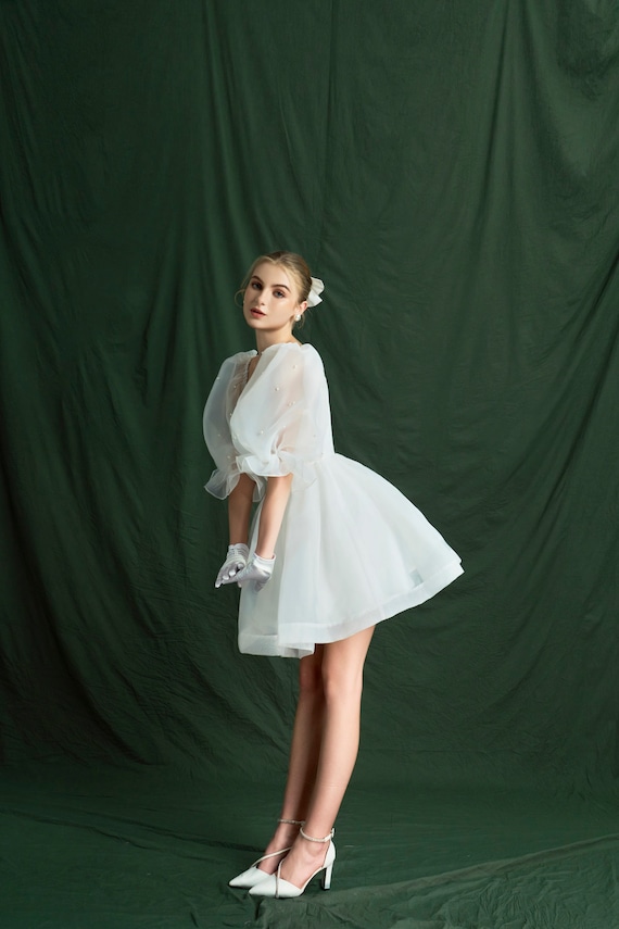 White Puff Sleeve Mini Dress - Sweetheart Corset Short Bridal Reception Gown with Pearl Detail DRS063