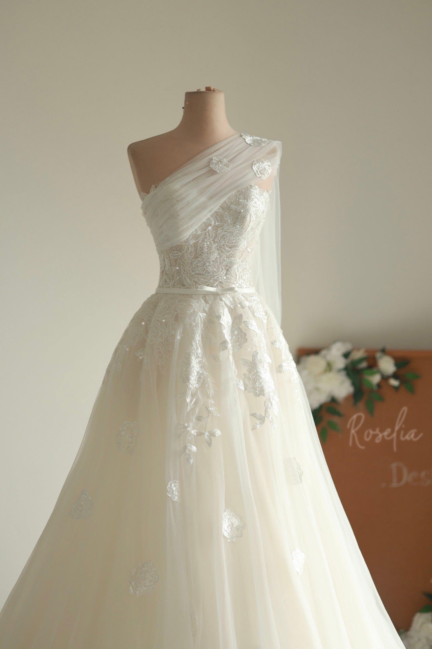 One Shoulder Lace Wedding Dress – Floral Appliqué, Tulle Cape - Etsy One Shoulder Lace Wedding Dress – Floral Appliqué, Tulle Cape - Etsy