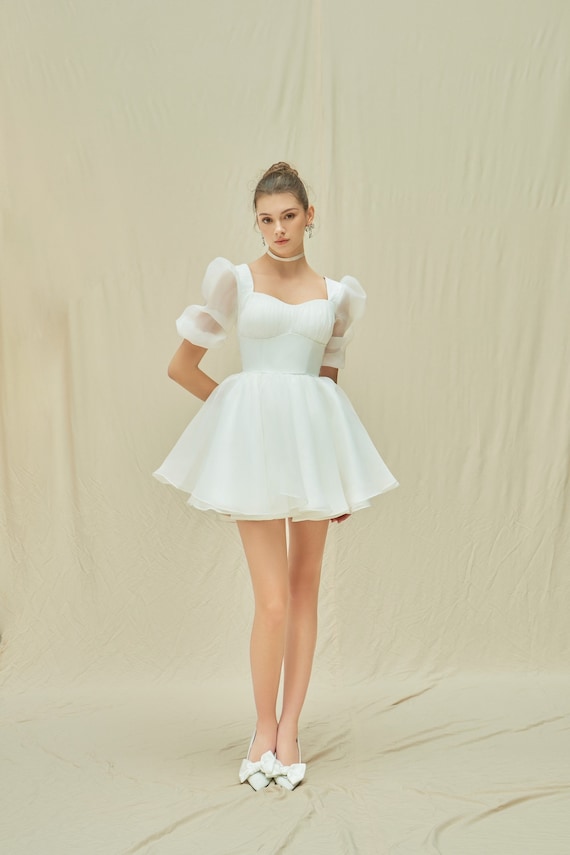 Puff Sleeve Organza Mini Wedding Dress | Sweetheart Bridal Reception Gown DRS054