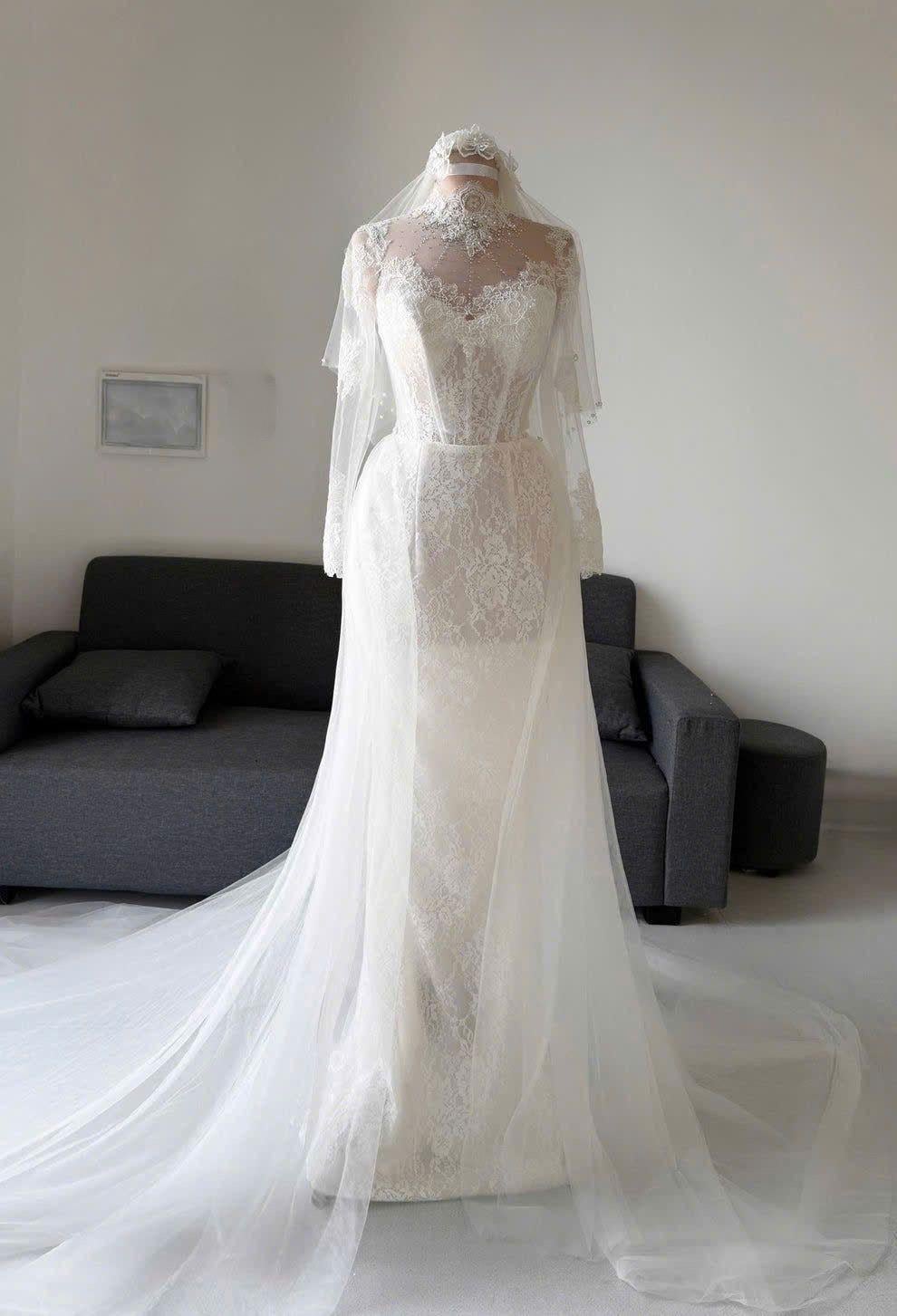 Elegant High Neck Lace Wedding Dress - Long Sleeve Illusion Train ...