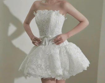 Lace Mini Wedding Dress – Strapless Short Bridal Gown / Sweetheart Reception Dress / Romantic Bride Outfit RS71