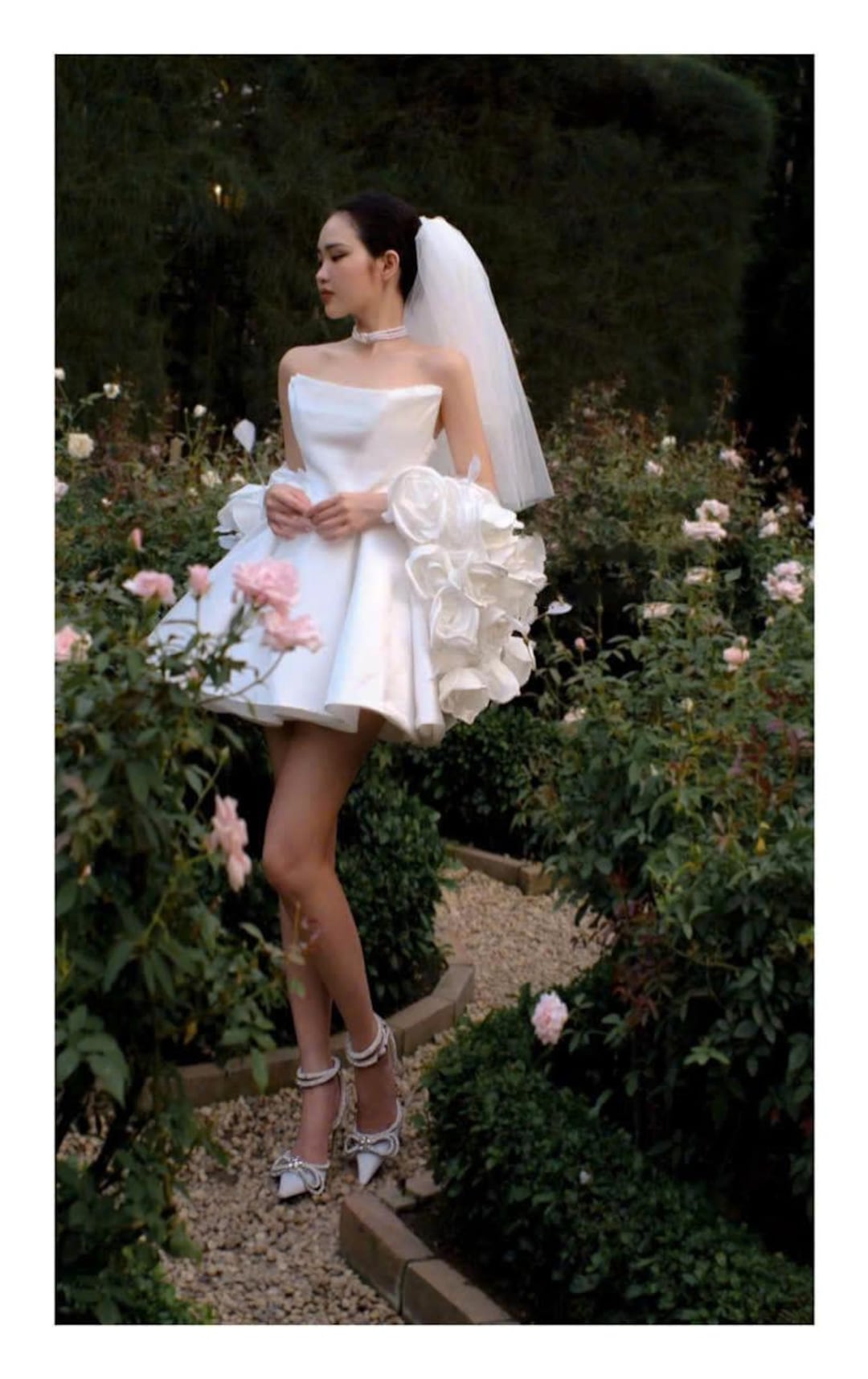 3D Rose Strapless Mini Prom Bridal Gown With Pocket - Yellow main image 1