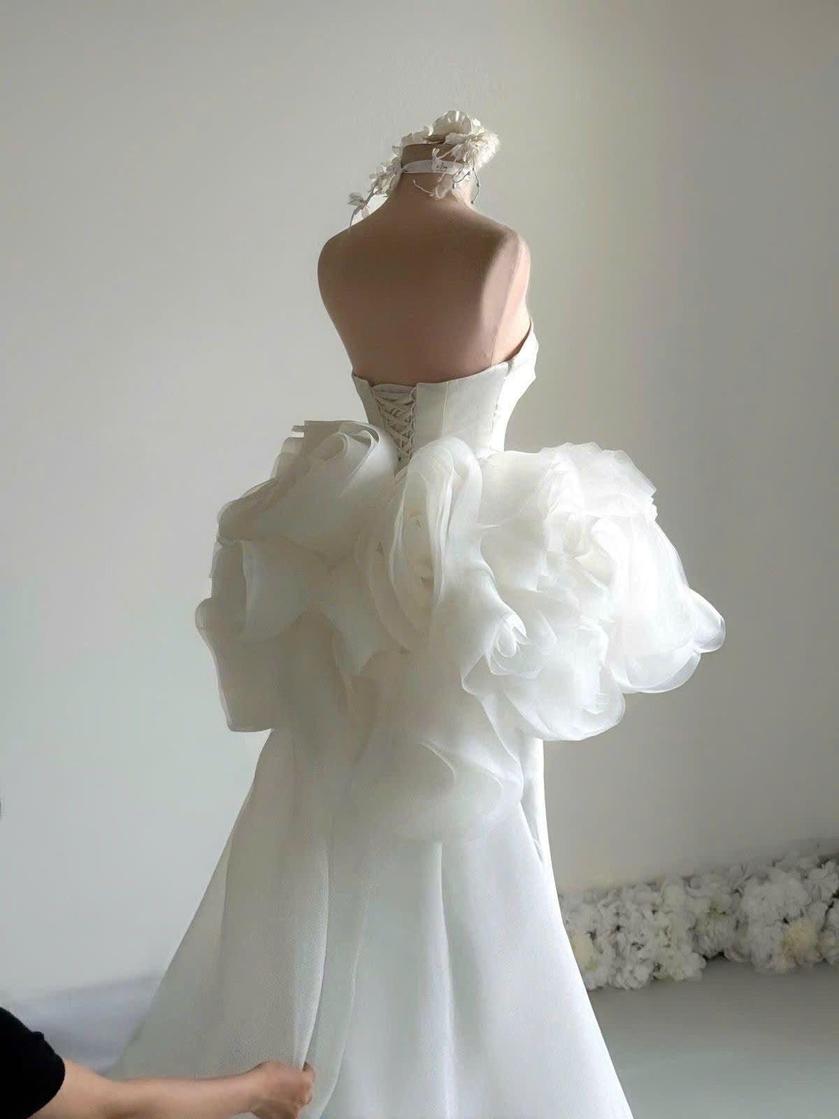 Satin Mermaid Wedding Dress, Organza Rosettes, Lace-Up Back, Dramatic Train DRS097
