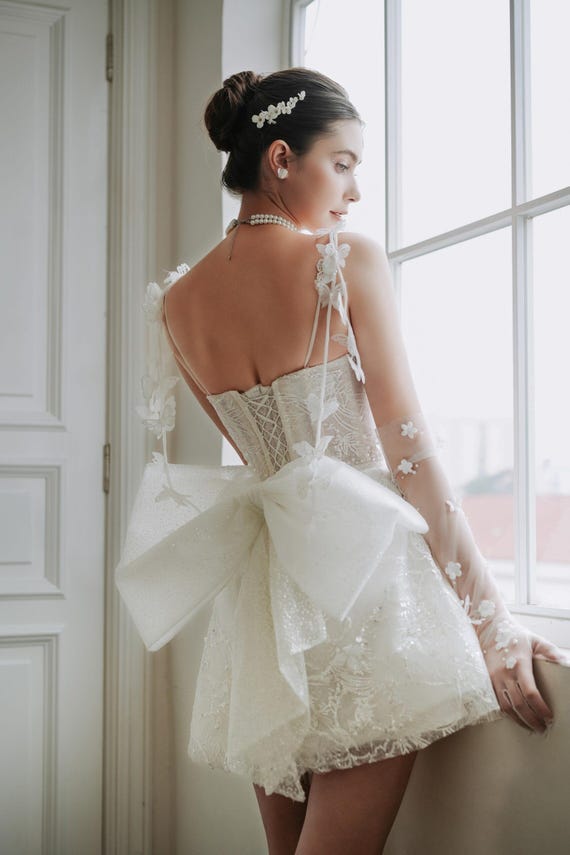 Lace Mini Wedding Dress - 3D Floral Appliqu, Big Bow Back DRS060