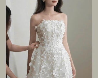 White Strapless Mini Dress – 3D Floral Appliqué Short Bridal Reception Gown / Party Dress DRS019