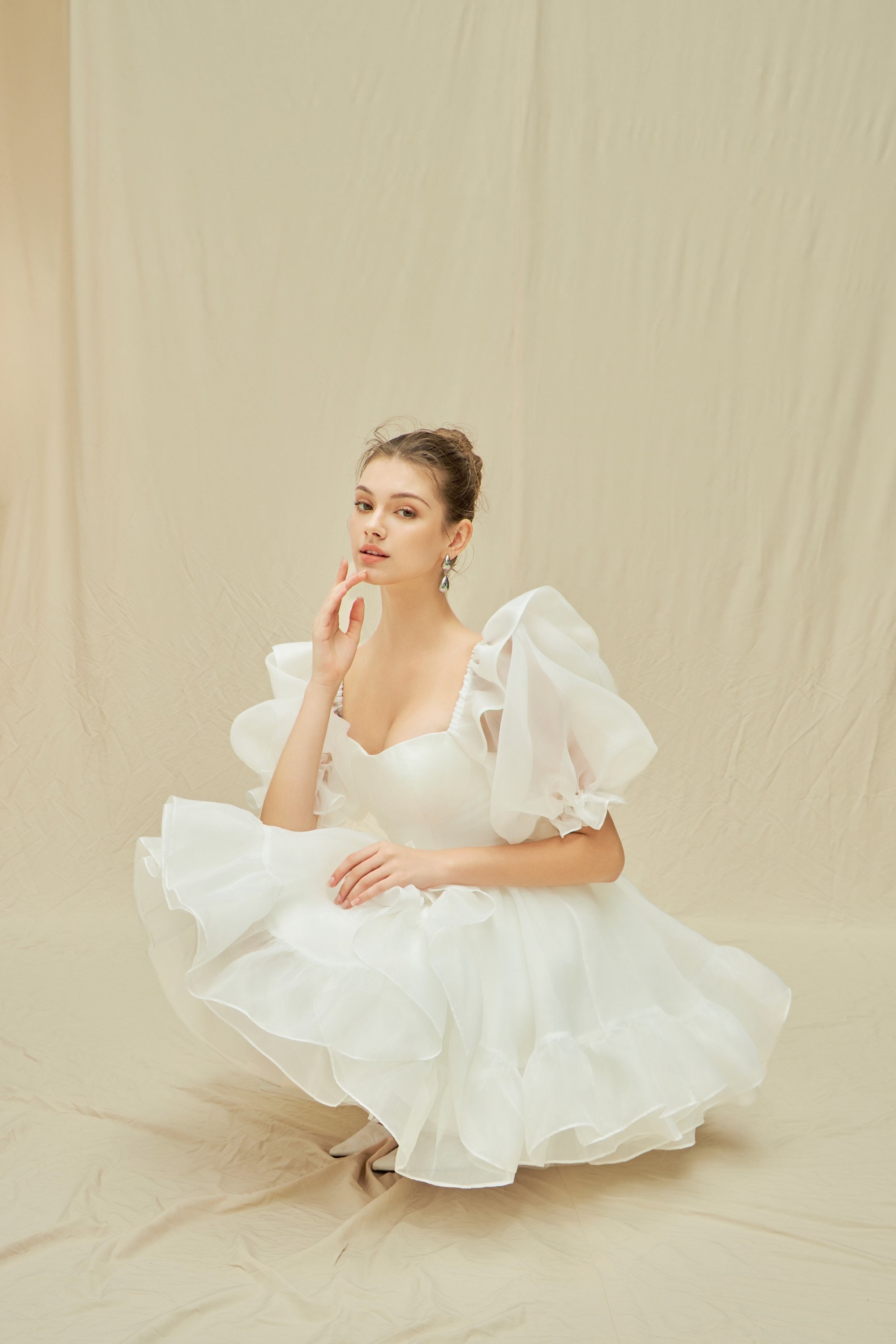 white dress with organza sleeves White Organza Puff Sleeve Mini Dress