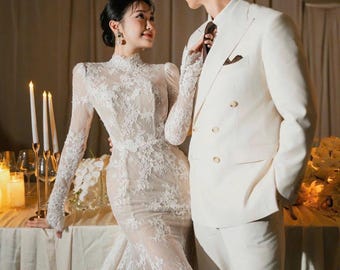 Lace Mermaid Wedding Gown | Backless High Neck Bridal Dress DRS104