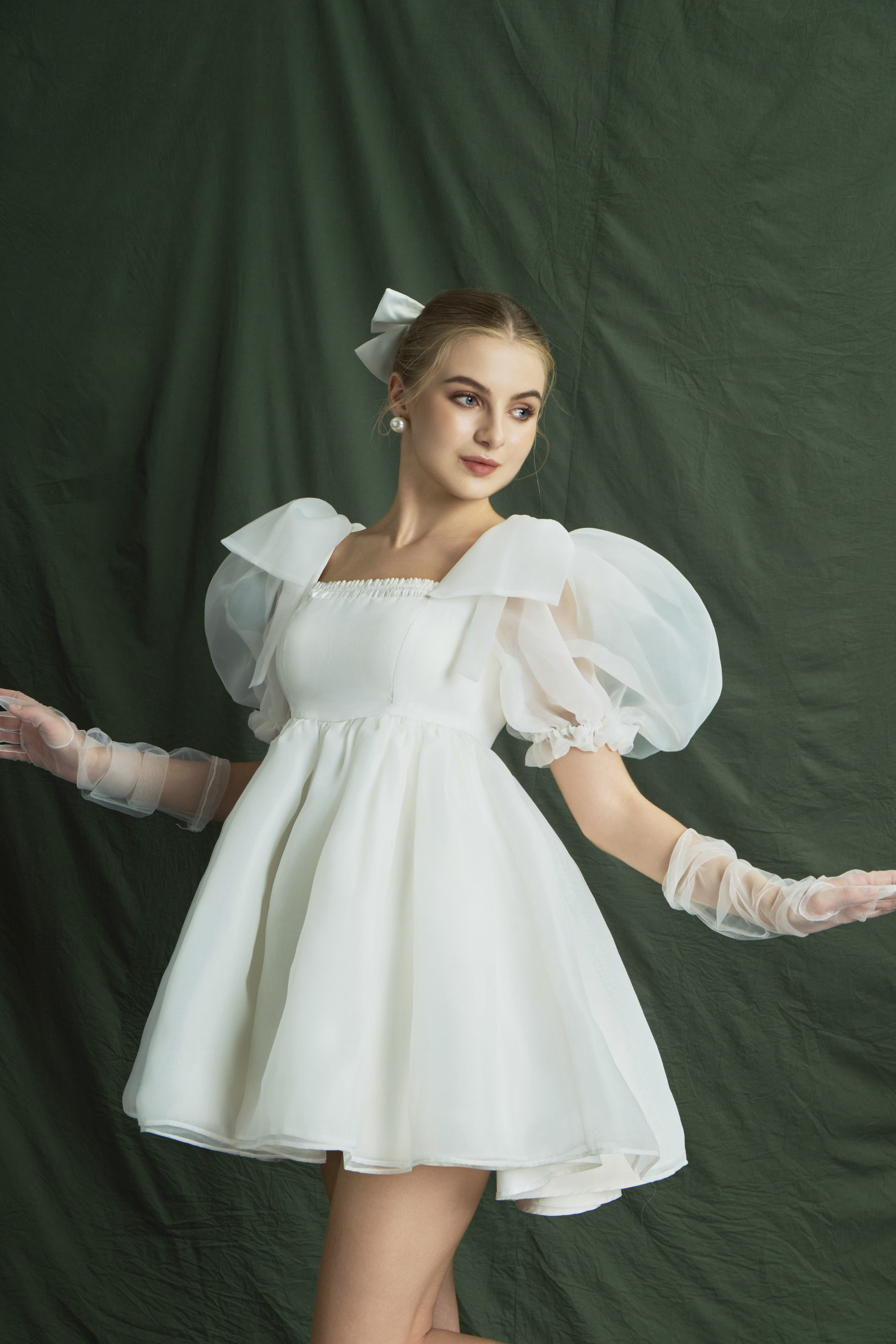 open lace back dress White Organza Puff Sleeve Mini Dress