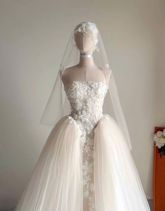 embroidered white wedding dress Floral Embroidered Spaghetti Strap Wedding Gown with Sheer Overlay Plus Size Size 24W
