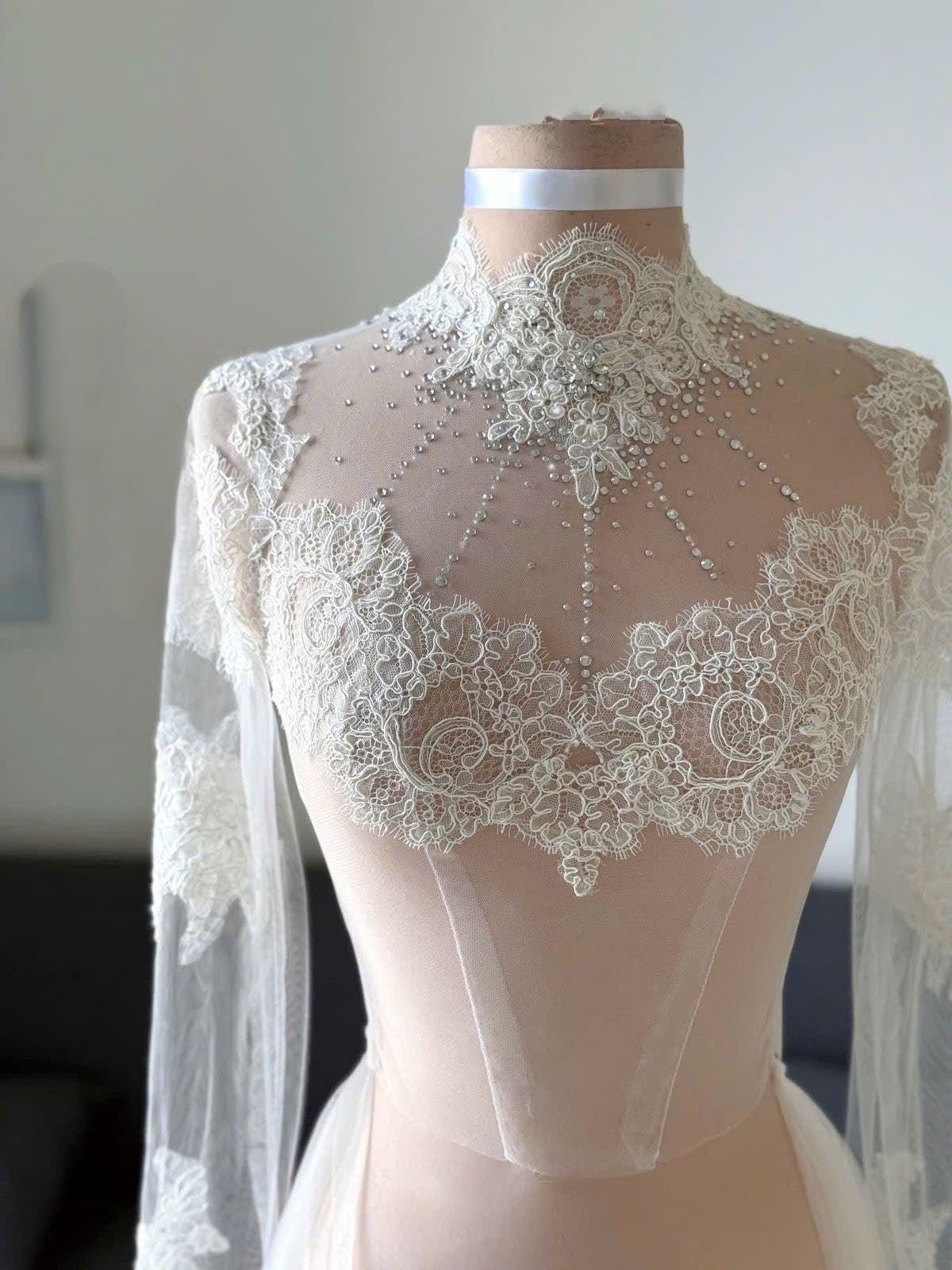 Elegant High Neck Lace Wedding Dress - Long Sleeve Illusion Train ...