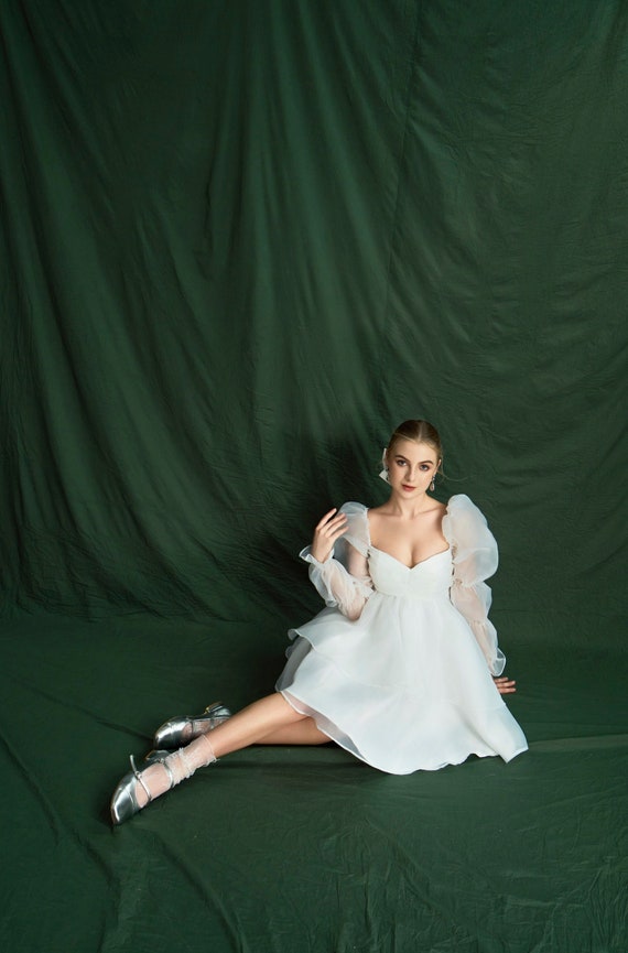 Organza Mini Wedding Dress, Long Puffed Sleeves, Bridal Engagement Dress DRS080 Organza Mini Wedding Dress, Long Puffed Sleeves, Bridal Engagement Dress DRS080