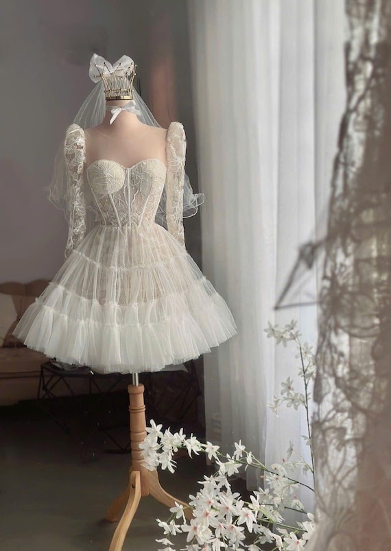 short layered wedding dress Sparkling 3D Floral Lace Short Wedding Dress with Detachable Overskirt and  Long Sleeves