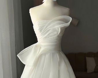 Strapless Pleated Organza Wedding Ball Gown – Asymmetrical Bridal Dress DRS094