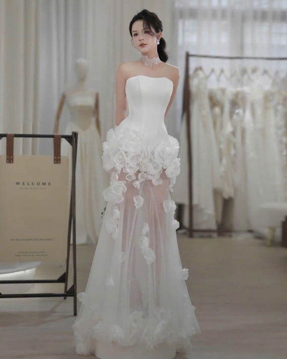 sheer applique wedding dress Andrea And Leo -WL045 Floral Applique A-Line Tulle Bridal Dress 16 / OFF White