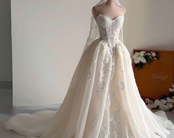Lace Appliqué Sweetheart Ball Gown, Chapel Train Wedding Dress DRS120